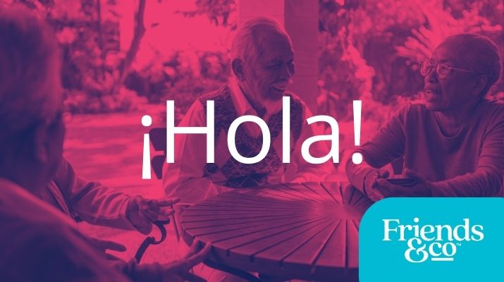 cafe y conversaciones - smiling asian man and spanish woman, friends and co logo