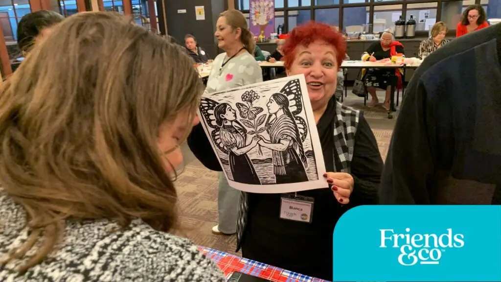 Happy Older Adult shows print made at Friends & Co Cafe Y Conversaciones