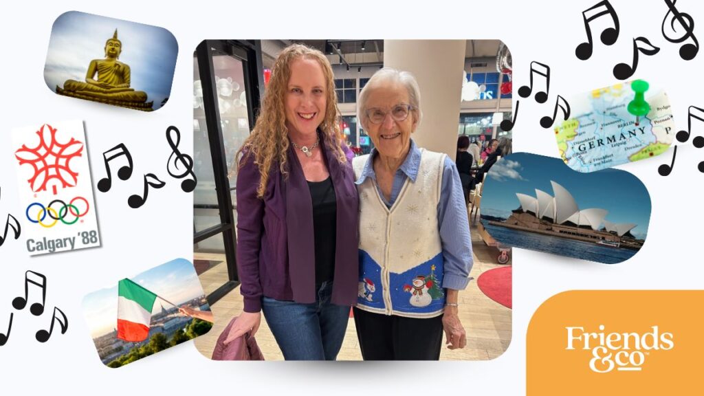 Two friends together smiling with music and taravel destination images swirling around them