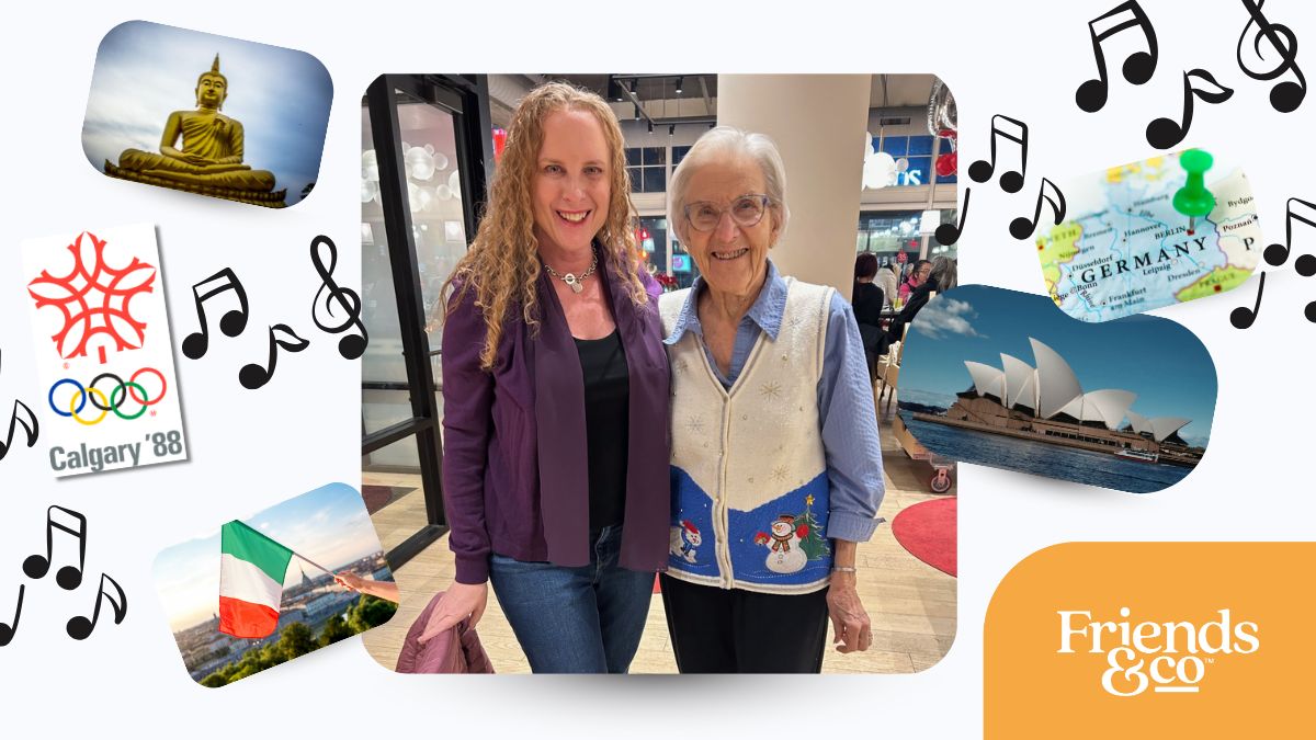 Two friends together smiling with music and taravel destination images swirling around them